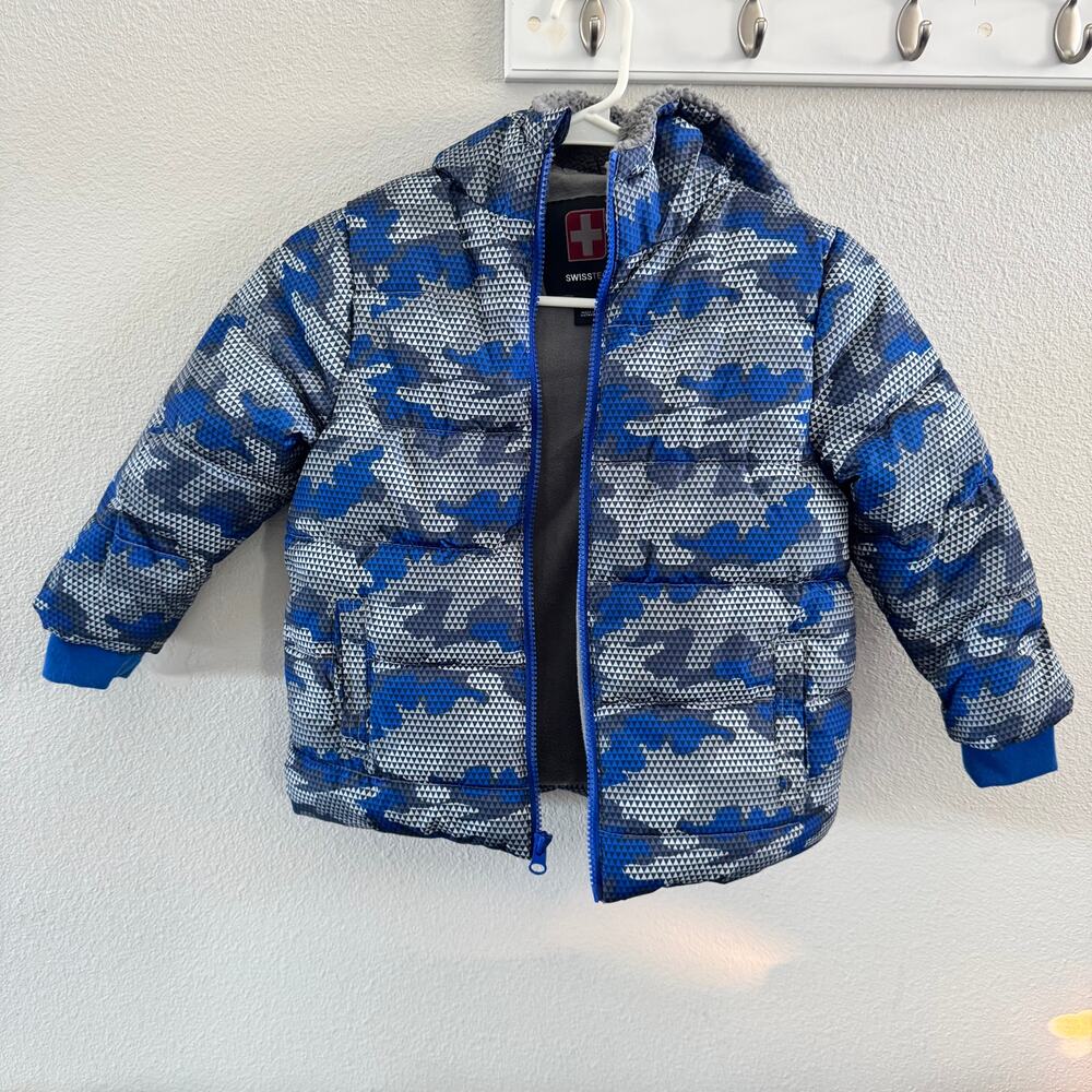 Swiss Tech 4T Toddler Boy Jacket Blue Camouflage Fleece Lined Puffer Coat Hooded